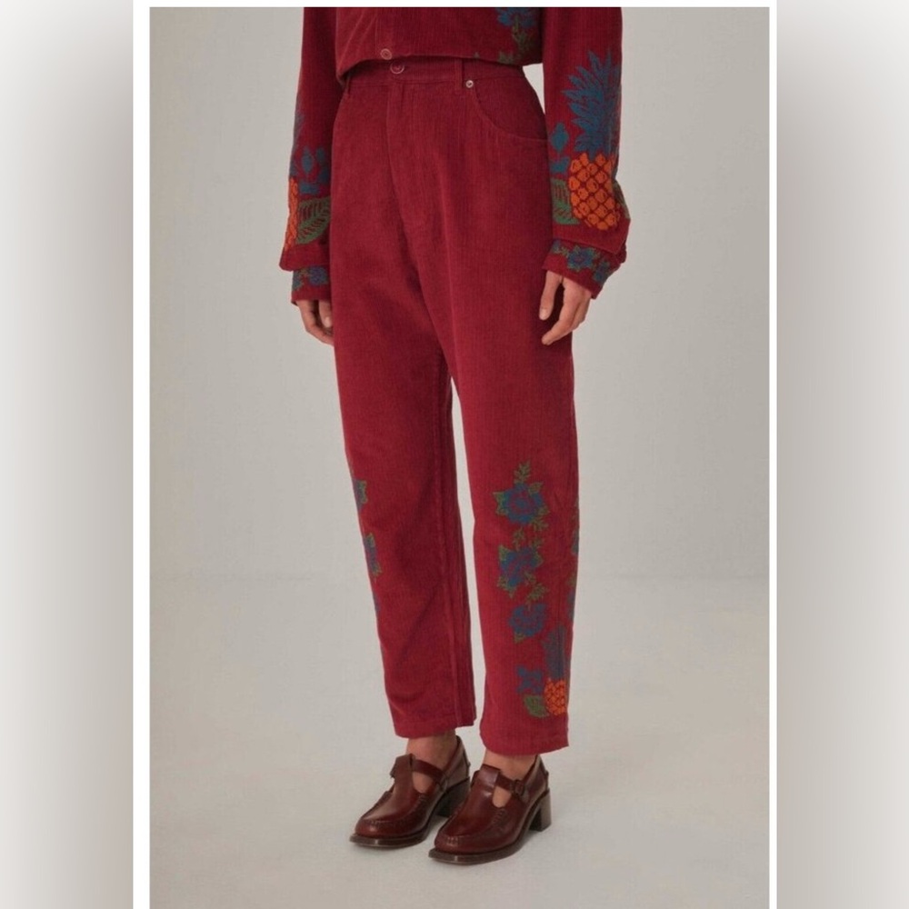 Farm Rio Womens Corduroy Pants Sz xl 16 Berry Pink Baggy Floral Embroidery